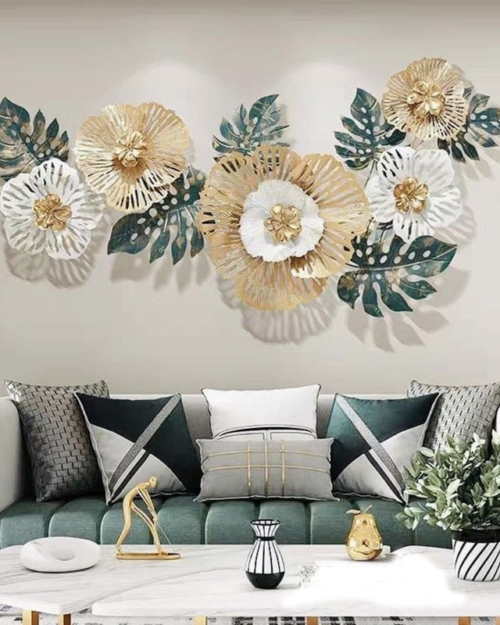 Multicolor Floral Wall Art with Gold Foil Work for Living Room and Drawing Hall